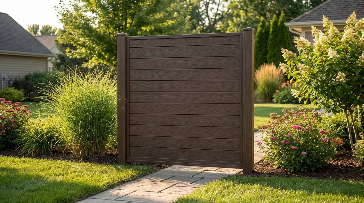 A modern garden fence panel made from composite materials with an embossed wood-grain texture, showcasing realistic wood appearance and matte finish for a natural look.