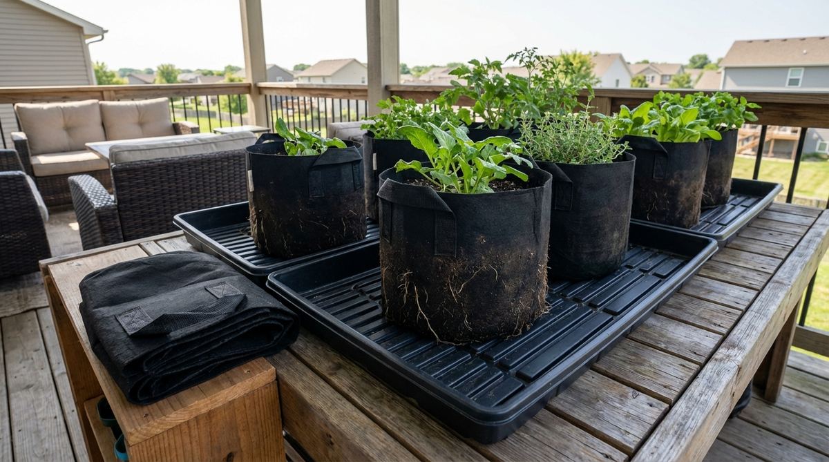 Breathable fabric grow bags on a balcony, showing air pruning roots and collapsible design for easy storage, placed on trays to manage drainage and protect surfaces.