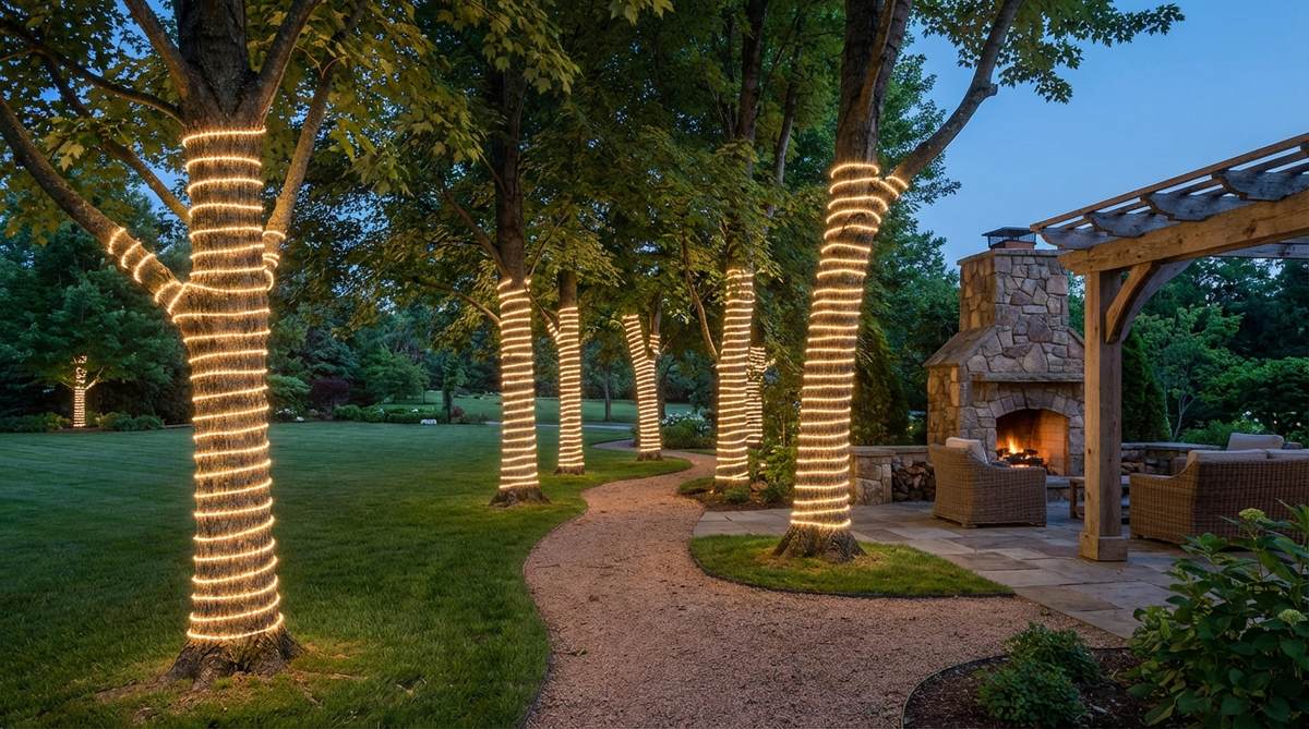 Vertical lighting columns created by wrapping thin copper wire LED strands around tree trunks from ground level to first branch. Warm white LEDs create a cohesive glow that flatters skin tones and transforms ordinary trees into illuminated design features for garden and woodland wedding receptions.