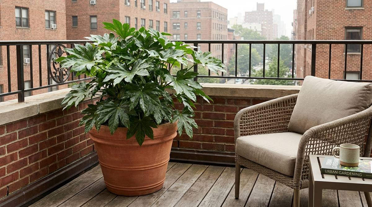 A lush Fatsia Japonica plant with bold, glossy leaves thriving in a large container on an urban balcony, showcasing its tropical appeal and resilience to shade, wind, and pollution.