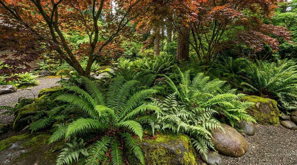 A lush fern understory layer in a Japanese garden, showing arching fronds creating graceful movement beneath tree canopies. The ferns provide mid-level texture and contrast with maple leaves and stones, thriving in shaded areas with consistent moisture.