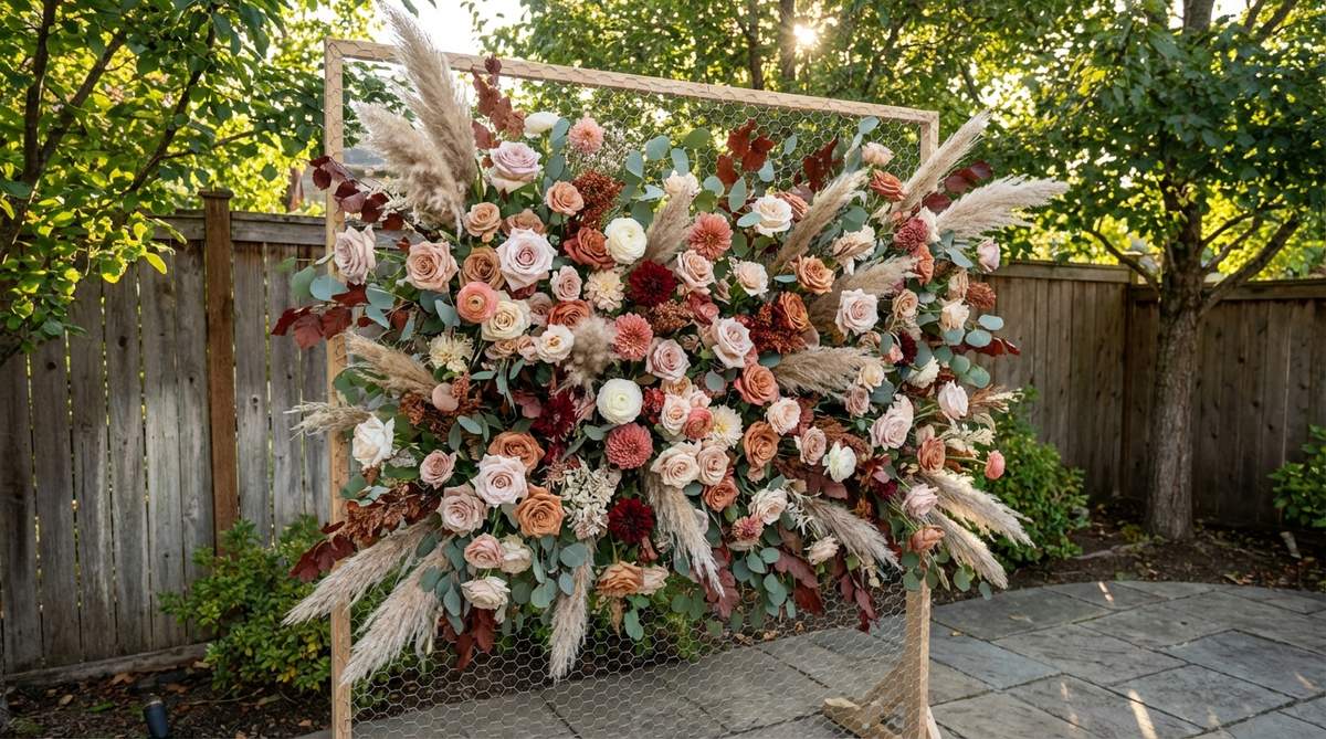 A lush boho party flower wall installation with dense floral arrangements on a chicken wire foundation, featuring a mix of fresh and dried flowers in romantic colors. The dimensional depth creates a beautiful photographic backdrop for portraits.