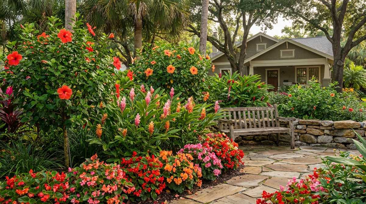 A vibrant tropical garden scene showcasing layered flowering plants: tall hibiscus, mid-height ginger, and low begonias in red, orange, and pink colors, illustrating seasonal interest and foliage dominance.