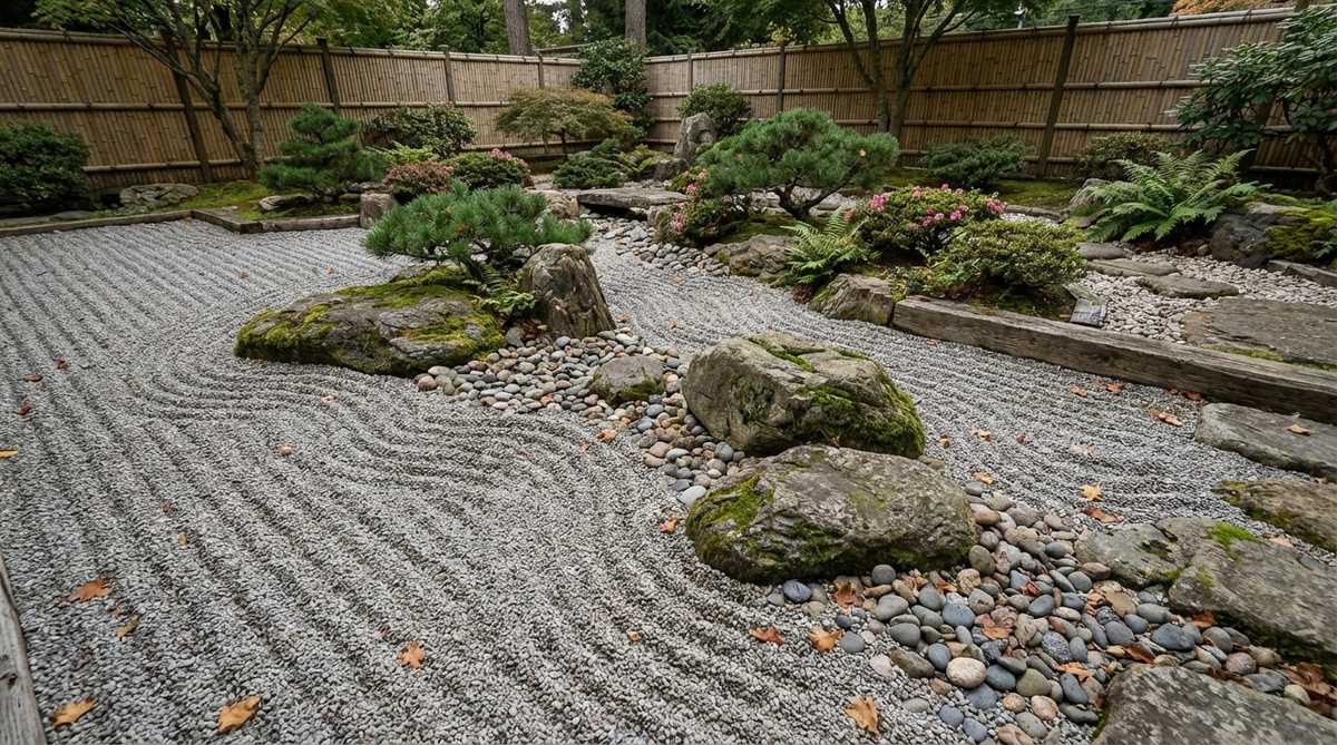 A detailed view of raked gravel lines curving around stones in a Japanese Zen garden, illustrating the technique of flowing around obstacles. The pattern shows straight lines upstream and turbulent swirls downstream, symbolizing water deflecting around boulders and creating eddies.