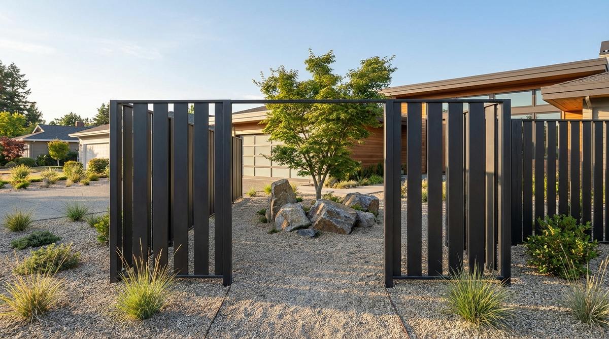 A modern front yard garden design featuring a framed entry zen gate with vertical wood slats or steel panels creating a partial enclosure. The slat spacing filters views while maintaining visual connection, with gravel flooring and minimal plantings emphasizing simplicity. A single specimen tree or boulder grouping serves as a focal point, generating privacy and a sense of arrival on exposed lots.