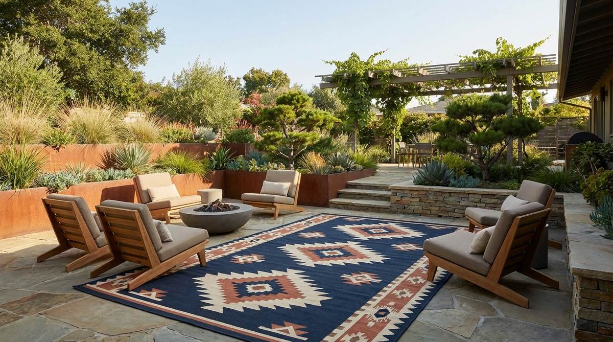 A weather-resistant geometric outdoor rug with bold angular patterns in a limited color palette, defining a seating zone and adding warmth to hard surfaces in a mid-century modern garden setting.