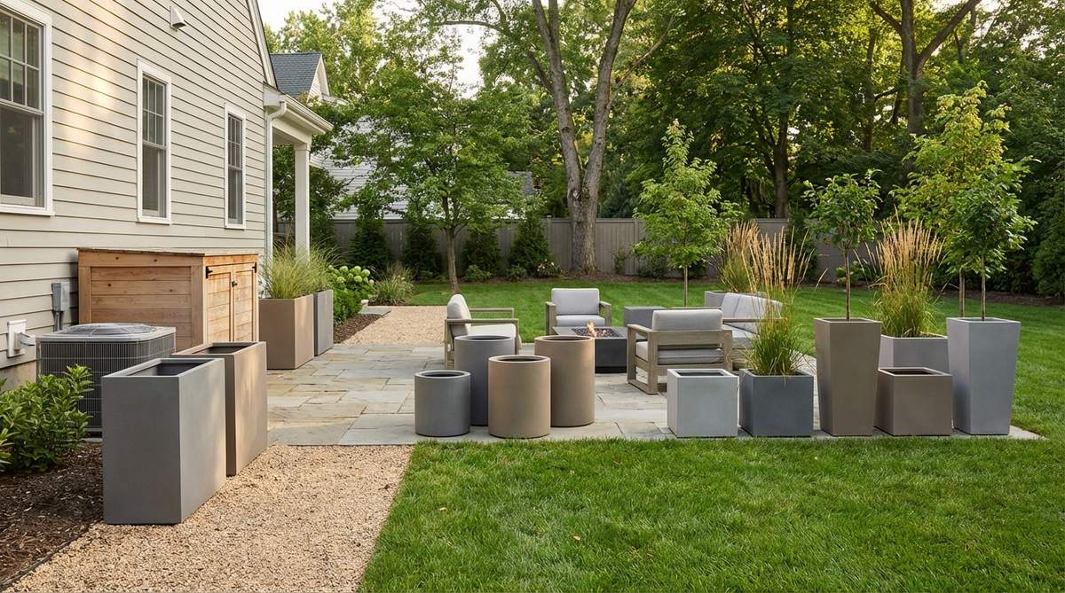 A contemporary garden arrangement featuring geometric planters in cube, cylinder, and rectangular shapes made from uniform materials like fiberglass or resin. The planters are clustered in odd-numbered groups of varying sizes to create rhythmic compositions, used to define spaces, screen utilities, or add height where in-ground planting isn't possible.