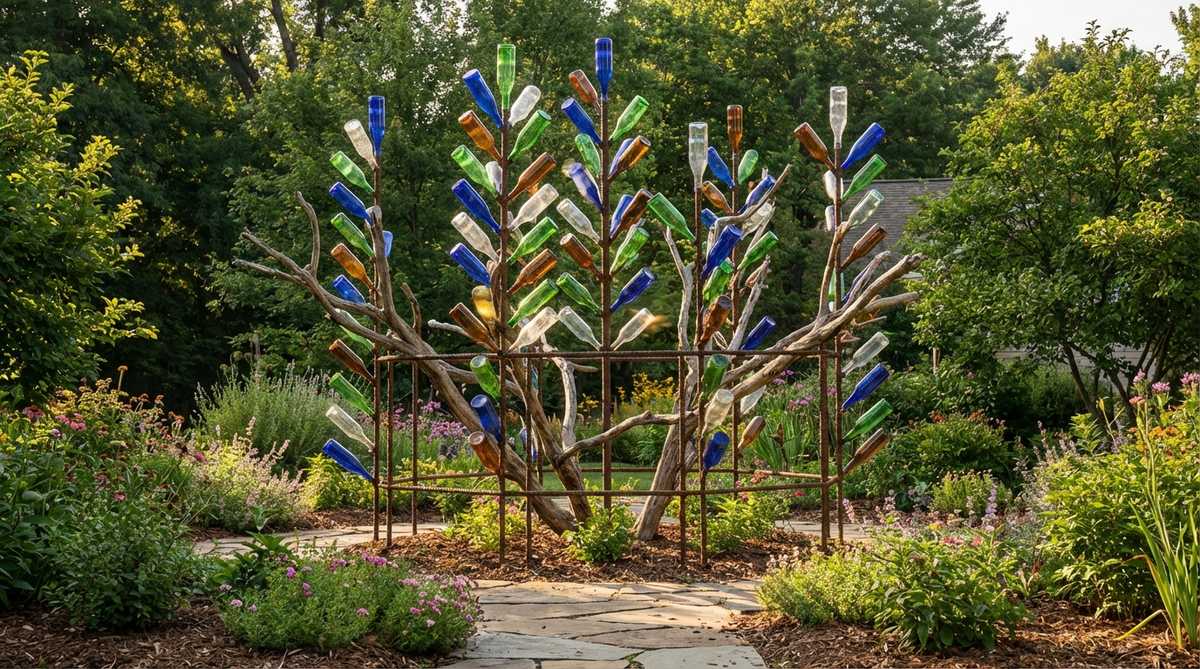 Southern folk art garden ornament featuring colorful glass bottles inverted on branch armatures. The bottles create vertical color displays and produce humming sounds in the wind. Can be built on welded rebar frames or natural tree branches, with options for rainbow color mixes or single-hue designs.