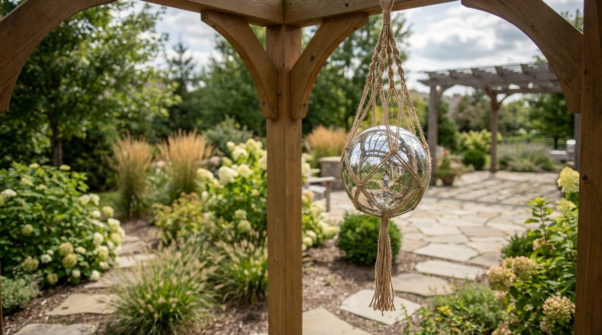 A reflective glass gazing ball in cobalt, emerald, or mercury glass finish, suspended in a macrame cradle or wire hanger for 350-degree visibility in garden decor.