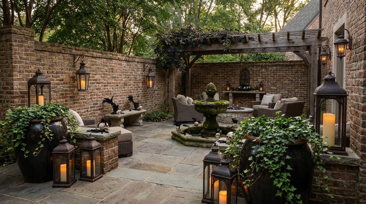 A Gothic-inspired courtyard featuring iron lanterns of varying heights with LED candles, dark planters with trailing ivy, and subtle Halloween accents like black feathers and mini skulls for atmospheric outdoor Halloween decor.