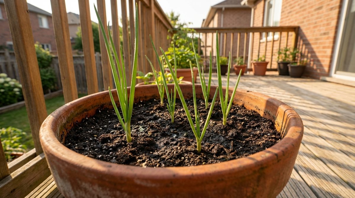 Fresh green onions growing vertically in a small container on a sunny balcony, showing their slender green leaves emerging from well-draining soil, ideal for space-efficient balcony gardening with multiple harvest potential.