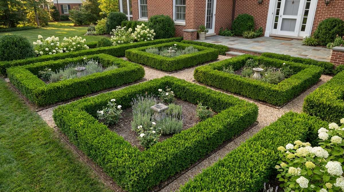 A small garden space divided by low boxwood hedges creating formal compartments. The neatly trimmed hedges stand at 18-24 inches tall, defining boundaries while maintaining open sightlines. This design complements period architecture with geometric precision and structured elegance.