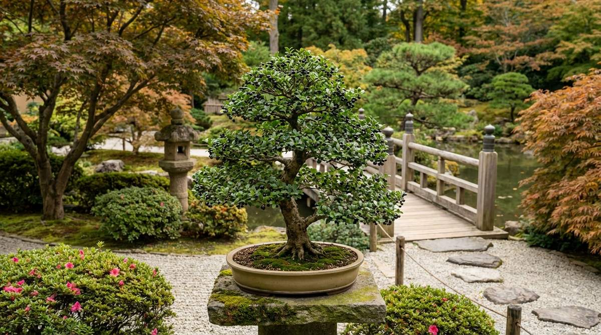A Japanese holly bonsai (Ilex crenata) with tiny glossy leaves and compact growth habit, showcasing black berries on female plants that provide autumn and winter interest in a Japanese garden context.