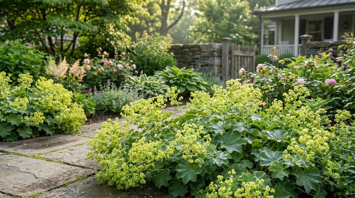 Alchemilla mollis with chartreuse flower clouds and scalloped foliage spilling onto a garden pathway, creating a soft front border edge in a cottage garden design. The lime-green flowers brighten shaded areas while bridging color schemes in sunny borders, with morning dew collecting on water-repellent leaves.