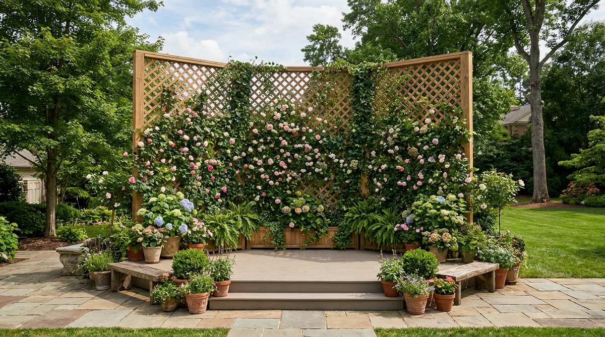 A decorative lattice wall stage backdrop for garden wedding decor, covered with greenery and flowers to create a vertical garden-inspired design behind live bands or DJ setups. This focal point transforms functional performance spaces into beautifully decorated zones, adding dimension to flat areas and ensuring thoughtful decoration throughout all event areas.