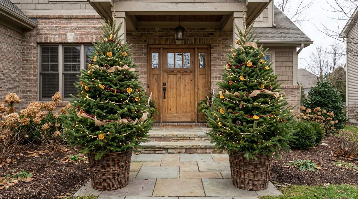 A pair of live potted evergreen trees flanking an entrance, decorated with simple light strands and natural ornaments in decorative containers, showcasing sustainable outdoor Christmas decor that can be planted after the season.