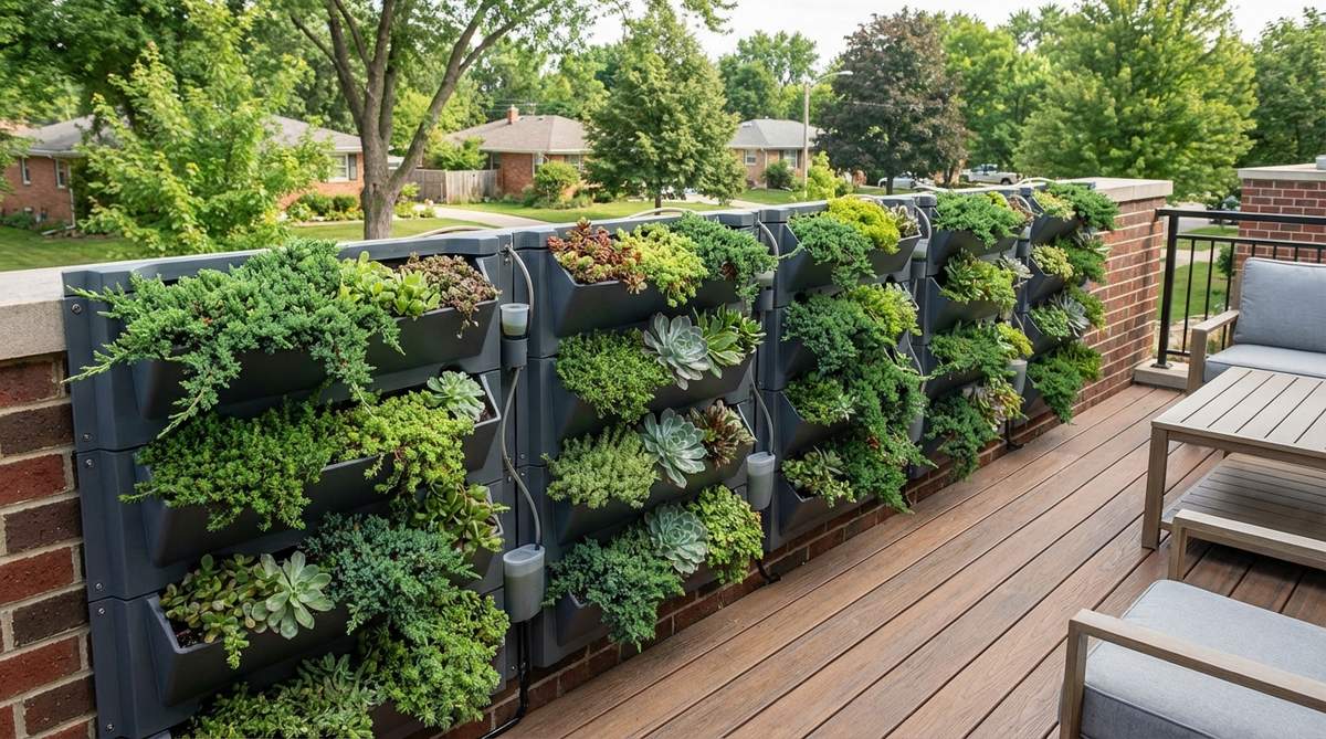 Modular green screen panels with integrated planting cavities, filled with evergreen groundcovers and succulents, creating a textured privacy barrier on a balcony wall. The panels feature self-watering systems and interlock to cover walls of any dimension, providing sound dampening and developing into solid green walls within one growing season.