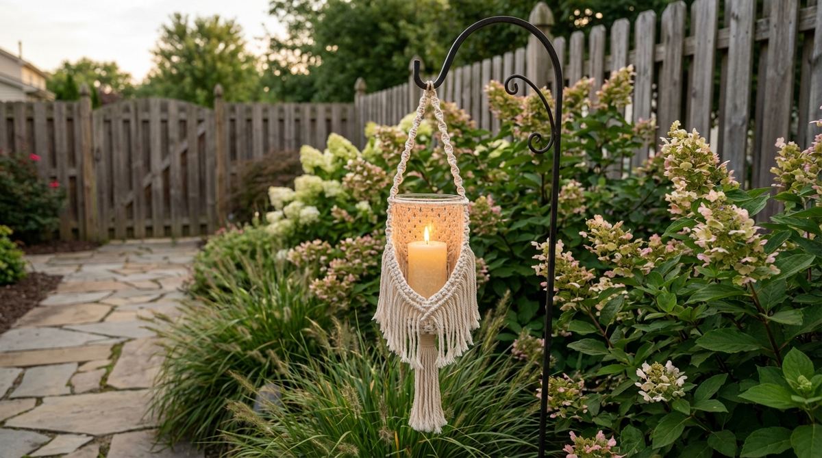 A macrame lantern holder wrapped around a lantern or hurricane glass, hanging from a shepherd's hook or tree branch, creating warm, textured illumination for boho wedding decorations.