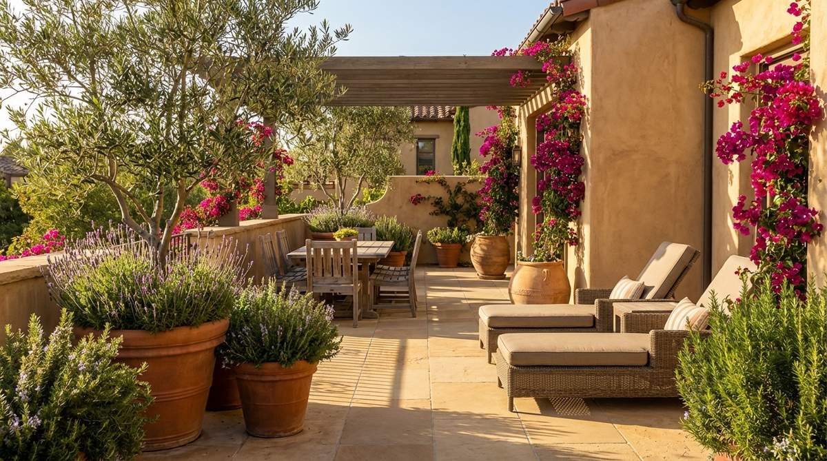 A sun-soaked Mediterranean terrace garden featuring terra cotta containers, olive trees, and aromatic herbs like lavender and rosemary. Warm-toned paving and sandy-hued rendered walls create a southern European aesthetic with bougainvillea adding vibrant color accents.