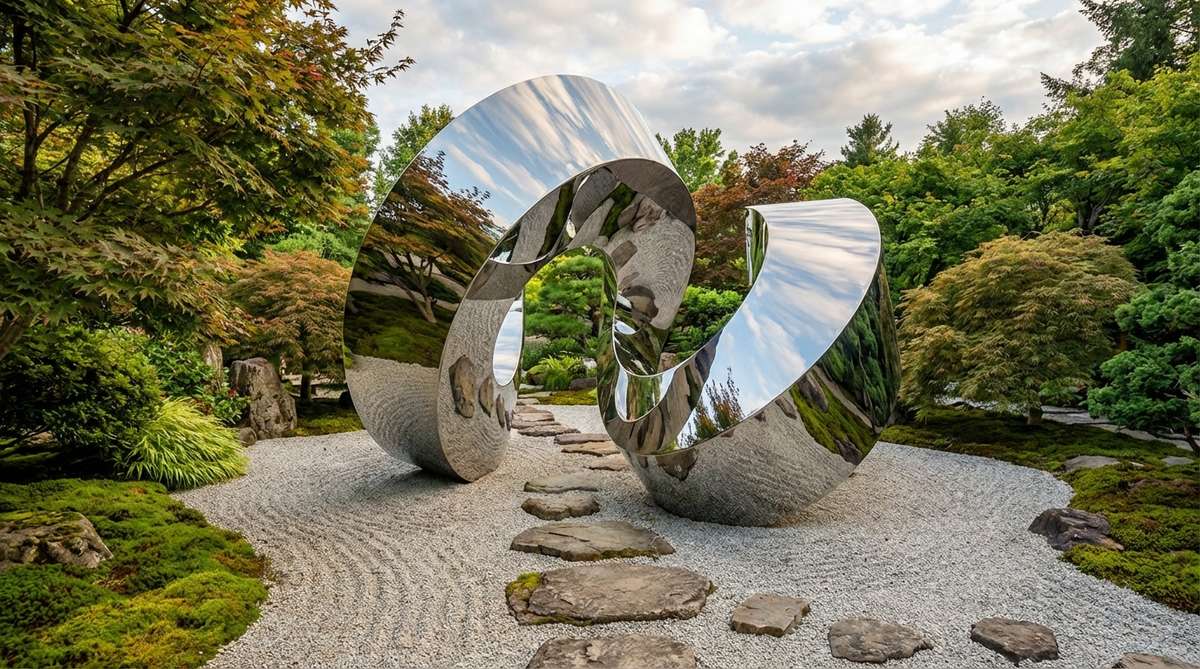 A highly polished stainless steel abstract sculpture in a zen garden, with mirrored surfaces that reflect and fragment surrounding foliage, sky, and clouds into contemplative visual puzzles. This contemporary piece dissolves boundaries between sculpture and environment, encouraging viewers to see garden elements from altered perspectives through distorted reflections.