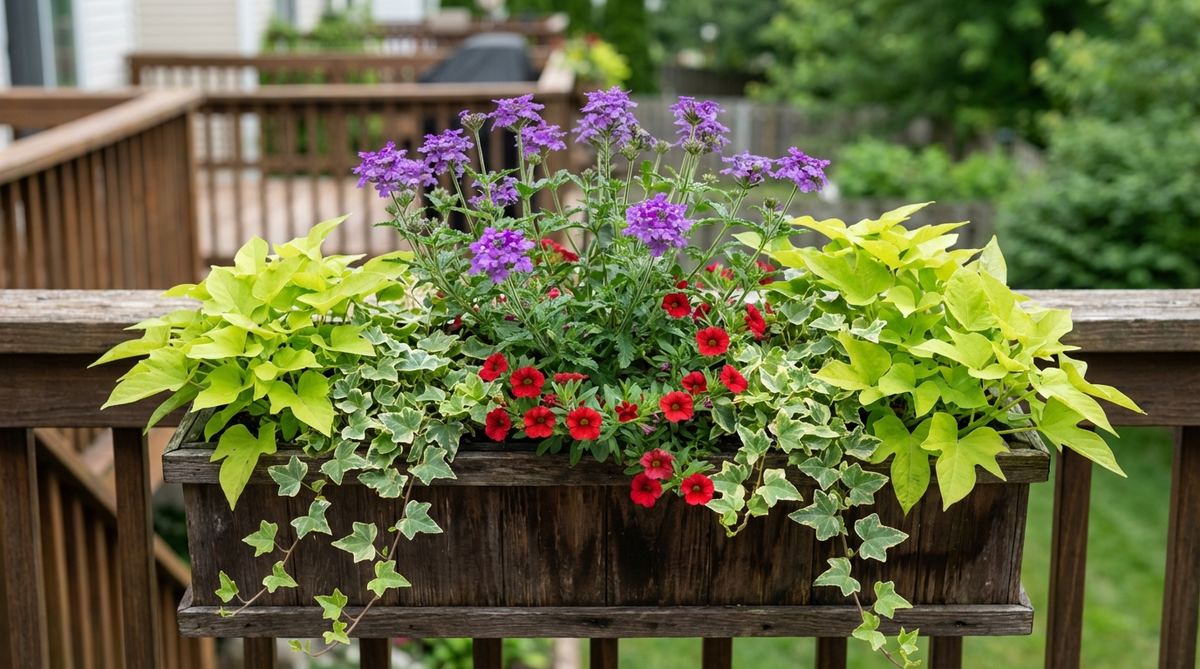 A professional balcony plant arrangement featuring a mixed trailing combo box with sweet potato vine, ivy, verbena, and calibrachoa. The composition follows the thriller-filler-spiller formula with upright bloomers in the center and trailing plants at the edges, creating dynamic textures and visual interest. All plants share similar water and light requirements for easy maintenance.