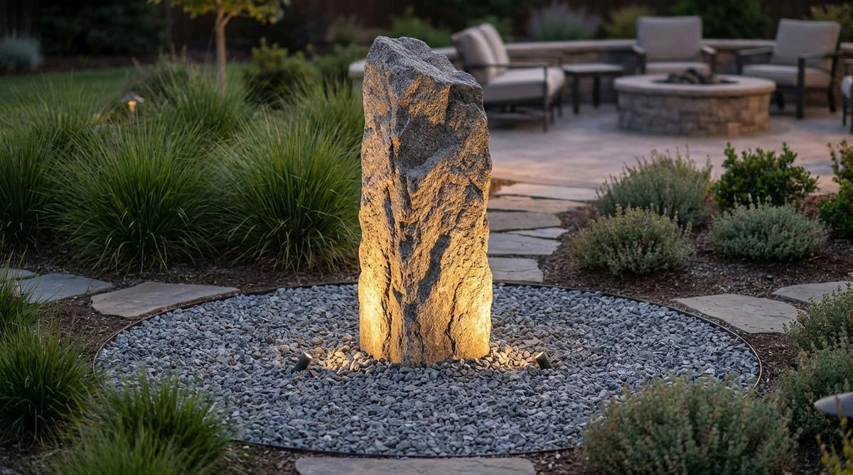 A minimalist vertical stone sculpture installation in a contemporary garden setting, featuring a tall narrow boulder with natural texture positioned on a circular gravel bed with strategic nighttime lighting