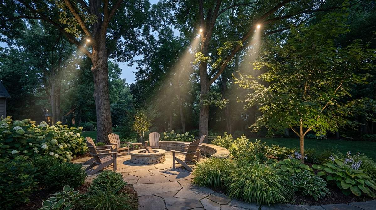 A photo showing moonlighting downlight systems installed high in tree canopies, casting dappled shadows that simulate natural moonlight filtering through foliage, with beams aimed downward at 50-70 degree angles to illuminate seating areas below.