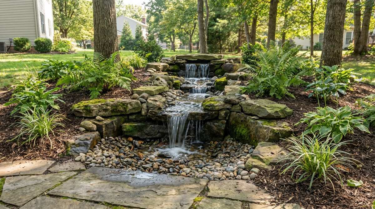 A small garden fountain featuring a multi-level rock cascade with water flowing through three to five naturalistic rock ledges, creating layered acoustic textures. Designed for compact spaces with a footprint as small as 4 by 8 feet and a narrow stream width of 12 to 18 inches.