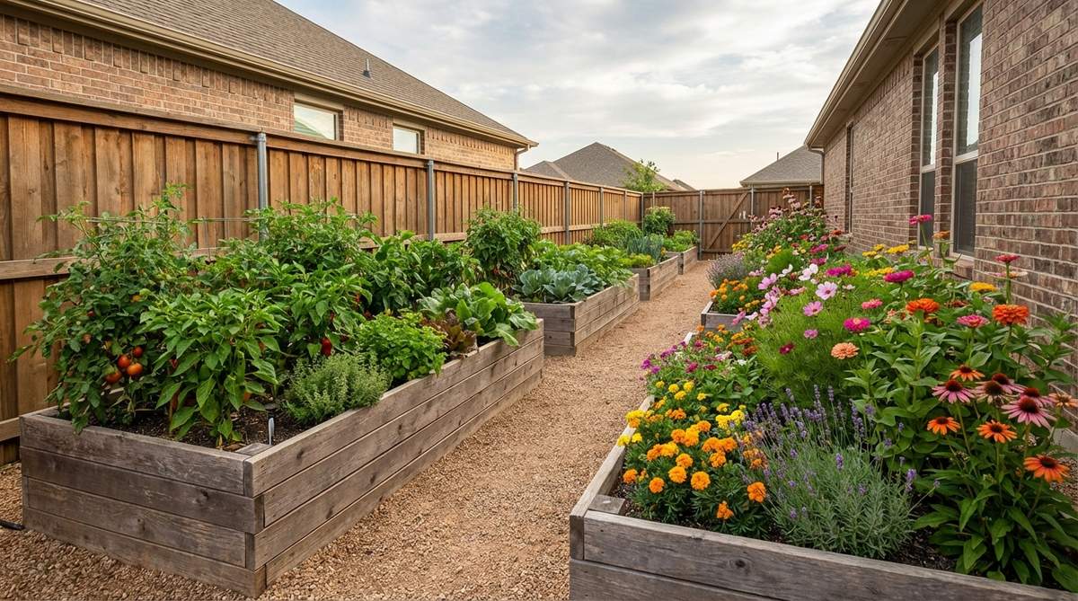 A linear raised bed garden in a narrow side yard, featuring vegetables on one half and flowers on the other, creating a productive garden corridor with a calm, organized layout.