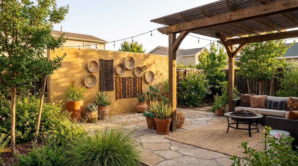 A vibrant ochre-painted accent wall showcasing warm yellow-brown tones that create a sunny, welcoming backdrop in Afro Boho outdoor decor. This authentic pigment, used in African art for millennia, complements greenery and enhances evening light while grounding busy textiles.