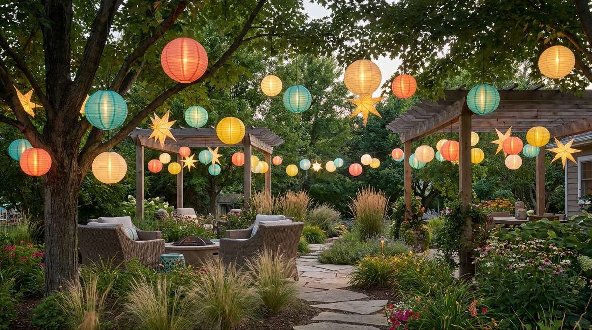 Colorful paper lanterns suspended at varied heights in a boho garden, creating festive energy with their lightweight spheres that sway gently. Features weatherproof lanterns with battery-operated LED inserts in warm white or mixed colors like coral, turquoise, and yellow for playful visual impact.