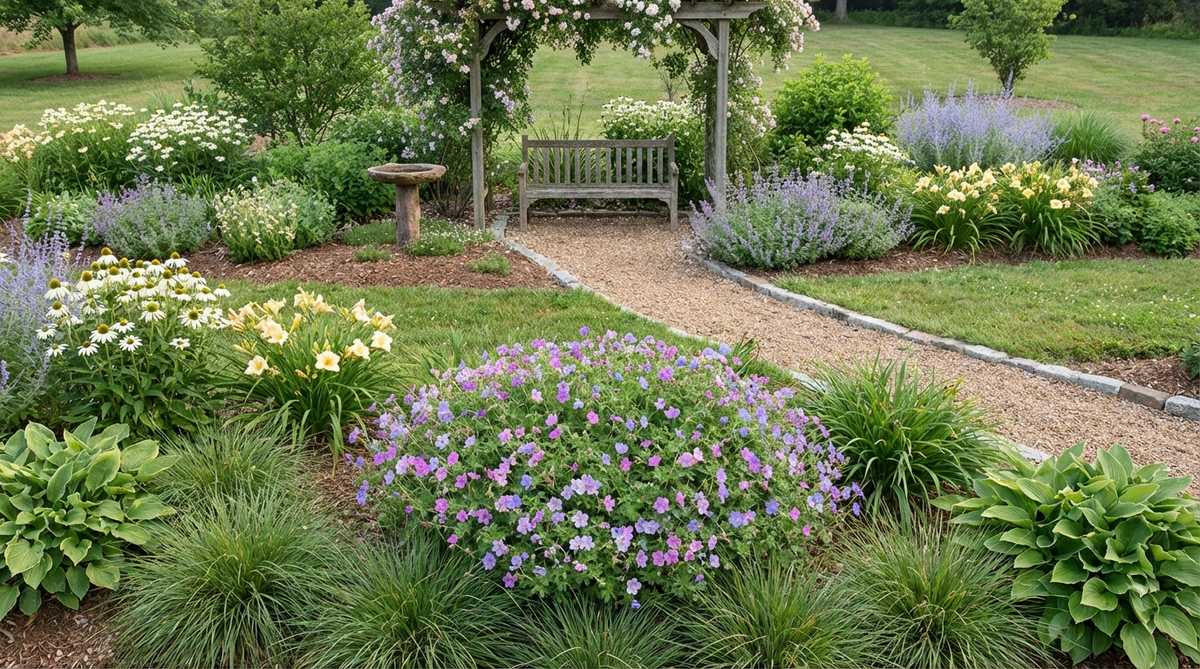 A compact mound of perennial geranium plants with delicate purple, pink, or blue flowers, growing 10-18 inches tall in a small garden setting. The hardy geraniums are shown in full bloom, filling spaces between larger perennials naturally without becoming invasive.