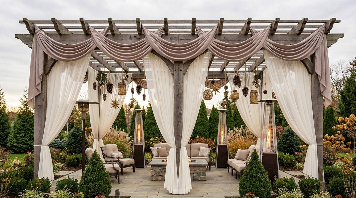 An elegant garden pergola decorated with overhead canopy draping, featuring fabric swags secured to rafters in scalloped patterns, sheer outdoor fabric panels, and suspended ornament clusters at varying heights. The design creates a festive outdoor room perfect for holiday entertaining with heaters and comfortable seating beneath the decorated structure.