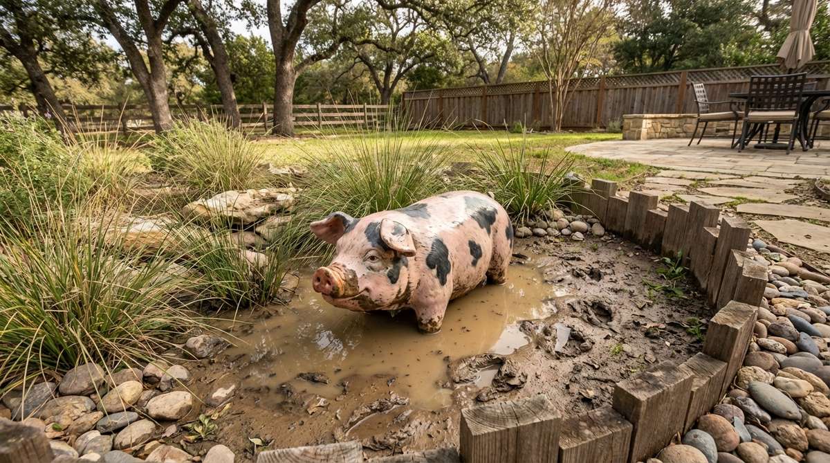 A humorous and authentic pig sculpture wallowing in a mud puddle, perfect for adding rural charm to informal garden spaces. Features pink or spotted finishes inspired by traditional farm breeds, ideal for low-lying or muddy areas in playful, family-friendly gardens.