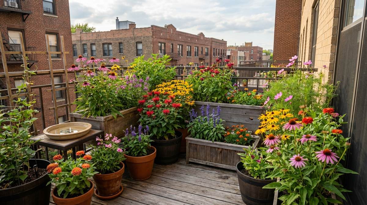 A vibrant urban balcony garden layout designed as a pollinator haven, featuring clusters of flowering plants in various colors to attract bees, butterflies, and hummingbirds. Includes native perennials and annuals arranged in grouped containers with sequential blooming from spring to fall, a shallow water dish for insects, and supports urban biodiversity and ecosystem health.