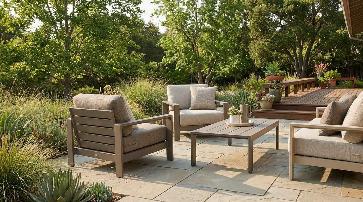 Modern garden furniture made from recycled aluminum with a powder-coated, low-VOC finish in matte earth tones, ideal for humid climates and supporting heavy cushions.