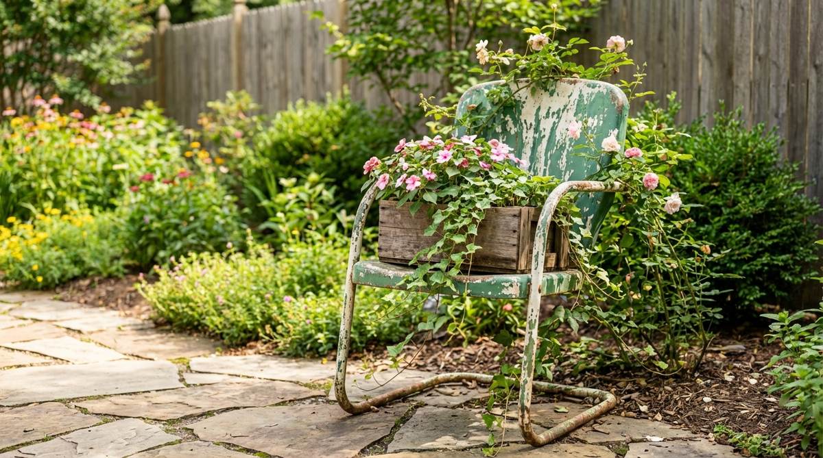 A vintage metal chair with distressed paint repurposed as a planter, with a container secured on the seat and plants growing through the frame, adding vertical dimension and rustic charm to garden decor.