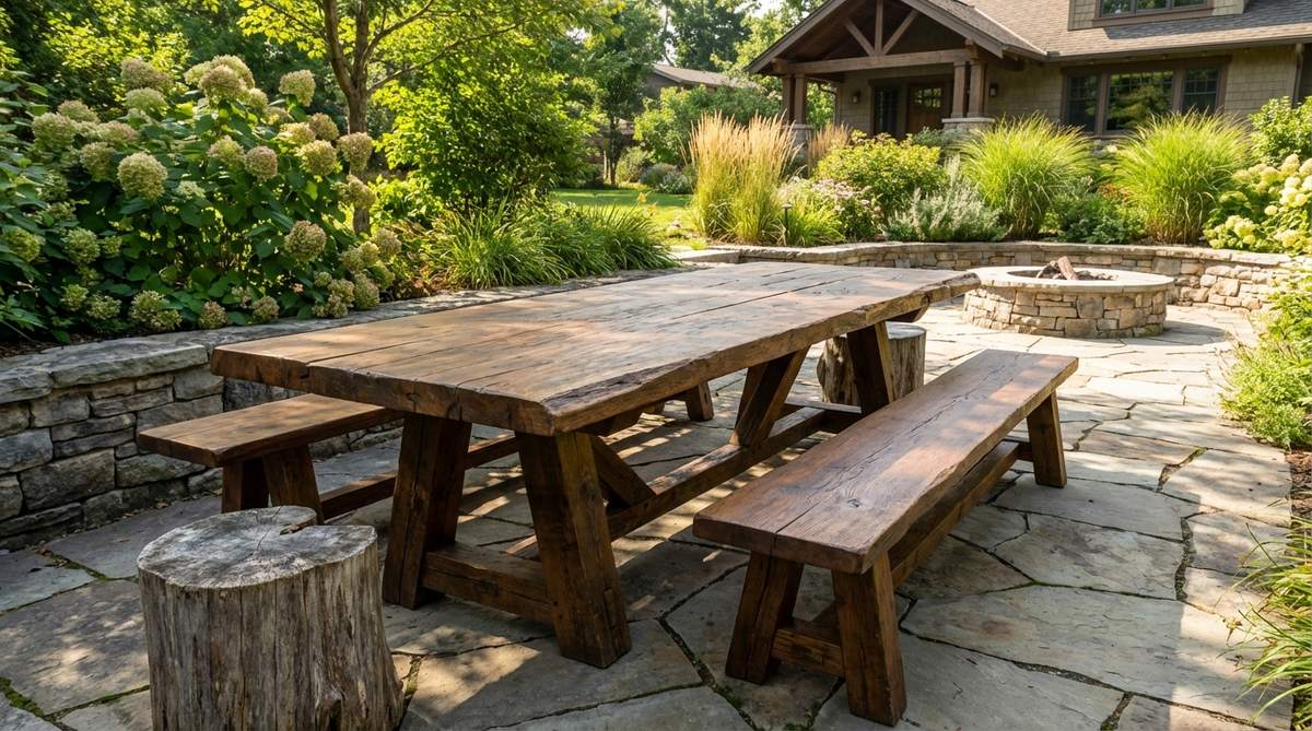 A rustic garden dining set featuring a massive rough-hewn timber table with an adzed surface and live-edge slabs, supported by log pedestal bases or heavy timber trestle frames. Paired with benches or stump seats, it anchors outdoor dining areas with a cohesive, natural aesthetic, finished with food-safe oils for protection and weathering.