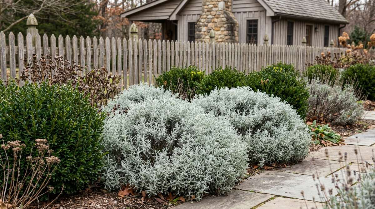 A close-up image of Santolina Silver Mounds, also known as cotton lavender, showcasing its dense, aromatic silver-gray foliage that remains vibrant through winter. The plant is displayed in a small garden cottage environment, highlighting its compact, evergreen habit that adds structure and contrast to green-leafed neighbors, preventing a monochromatic look during dormancy periods.