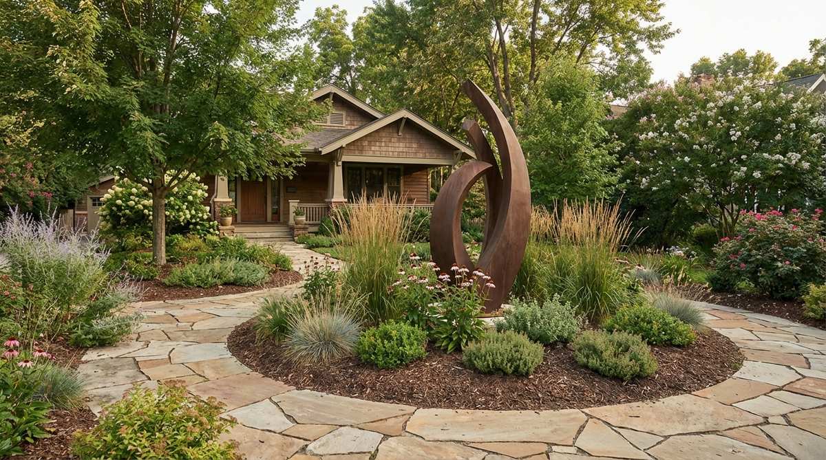 A carefully chosen sculpture or artistic element positioned in a garden bed or at the end of a path creates a sophisticated focal point that reflects personal style and adds conversation value to front yard garden design.