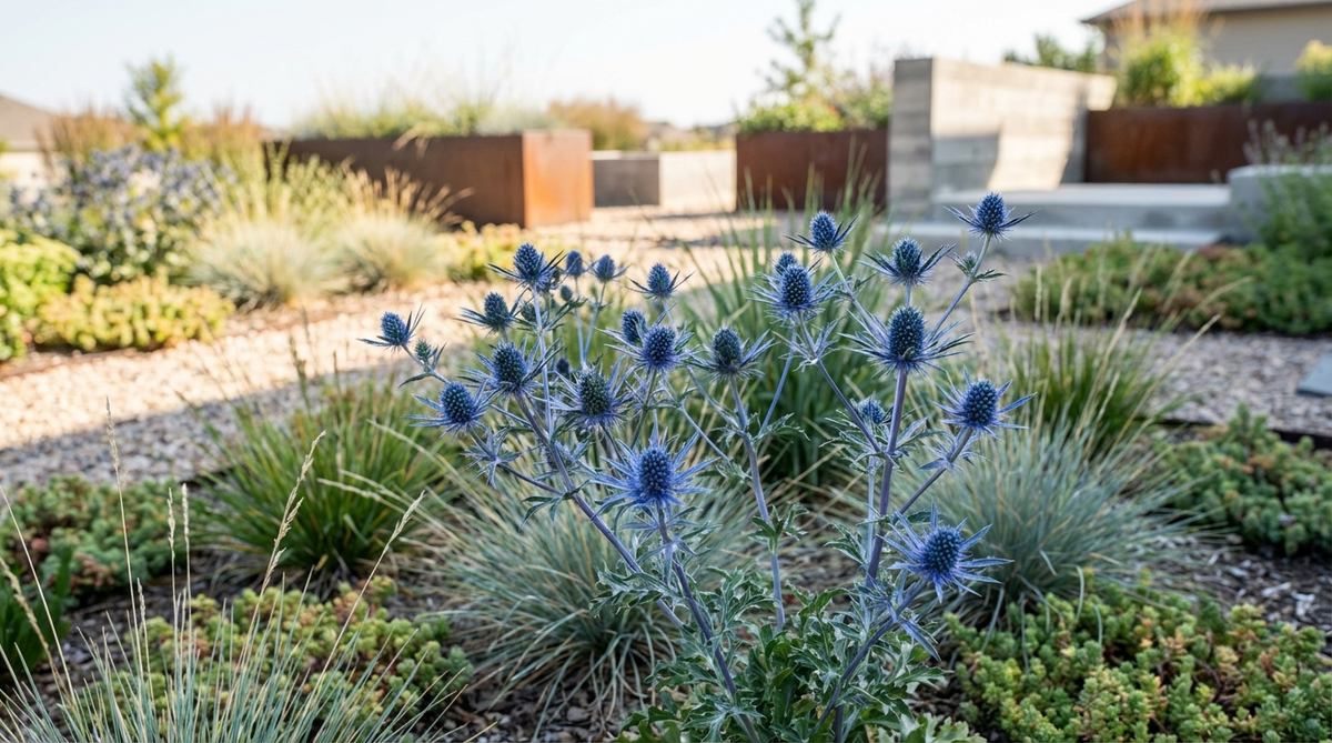 Close-up of Eryngium sea holly with metallic blue thistle-like flowers on rigid stems, showcasing its spiky texture and electric coloration in a sunny modern garden border or contemporary gravel garden setting.