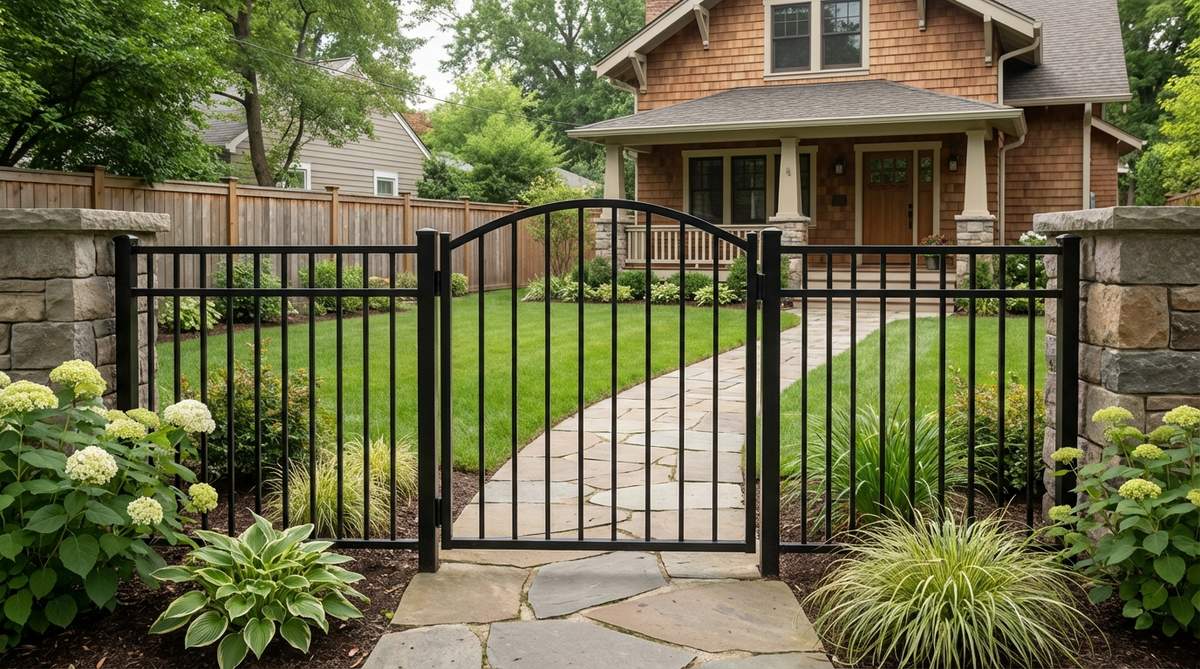 An ornamental metal gate with vertical bars and a matte black powder-coated finish, designed for small gardens to provide security while maintaining a transparent, open feel without creating a boxed-in appearance.