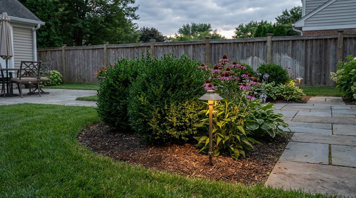 A low-profile uplight on an adjustable stake, illuminating ornamental shrubs and perennial clusters from below to enhance garden decor with focused lighting.