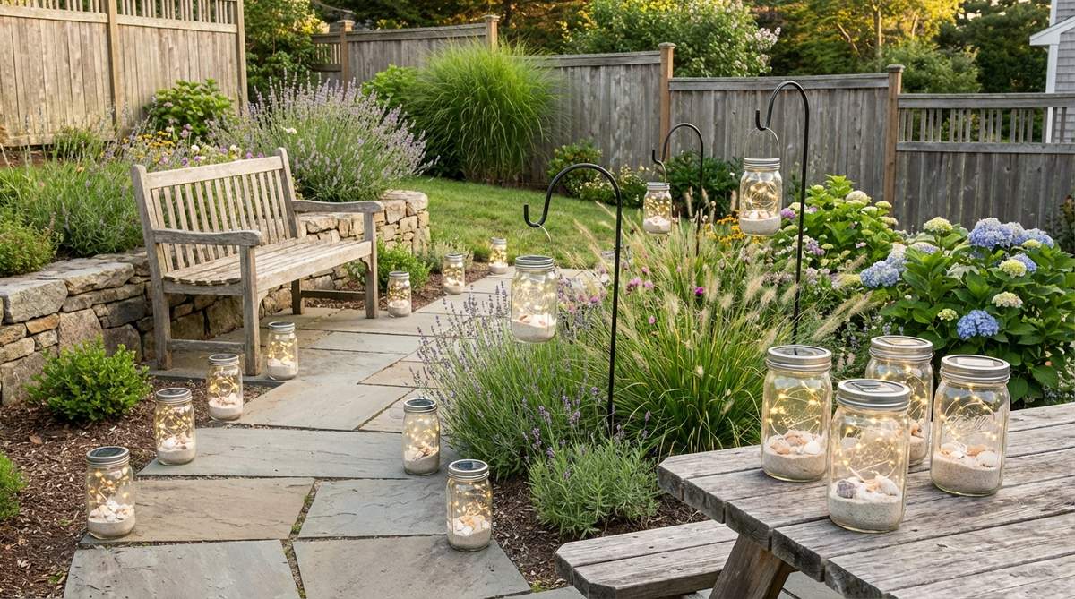 A mason jar solar light with embedded LED units providing portable ambient lighting for outdoor decor. This farmhouse-coastal crossover aesthetic features a jar filled with sand or shells at the bottom for weight and style, ideal for lining walkways, clustering on tables, or hanging from shepherd hooks in garden beds. The solar charging eliminates wiring and operational costs while offering hours of soft evening illumination in casual outdoor settings during summer.