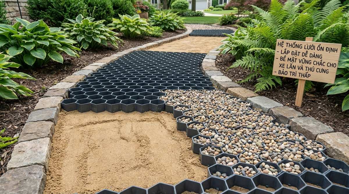 A close-up view of a stabilizer grid system installed beneath pea gravel in a garden path, showing the honeycomb cellular structure that locks gravel in place to prevent scattering and reduce maintenance. The system creates a stable surface suitable for wheelchairs, pets, and high-heeled shoes, with panels laid on bedding sand and snapped together for easy installation.