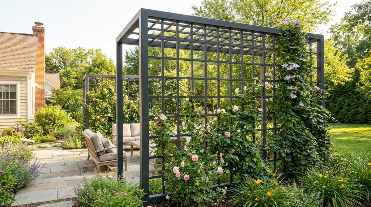A modern steel grid trellis with geometric square patterns supporting climbing plants, serving as both functional garden structure and contemporary artwork. Features welded steel tubing with consistent grid spacing, powder-coated in dark tones to complement foliage while maintaining visible architectural lines throughout growing seasons.