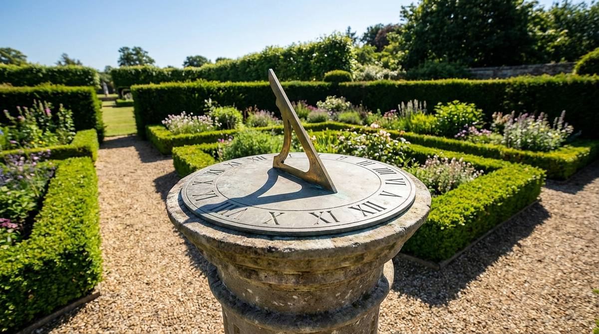A traditional stone sundial pillar featuring a brass or bronze gnomon casting shadows across carved stone faces marked with Roman numerals, installed in a full sun location within a formal garden setting that combines historical gravitas with educational timekeeping function.