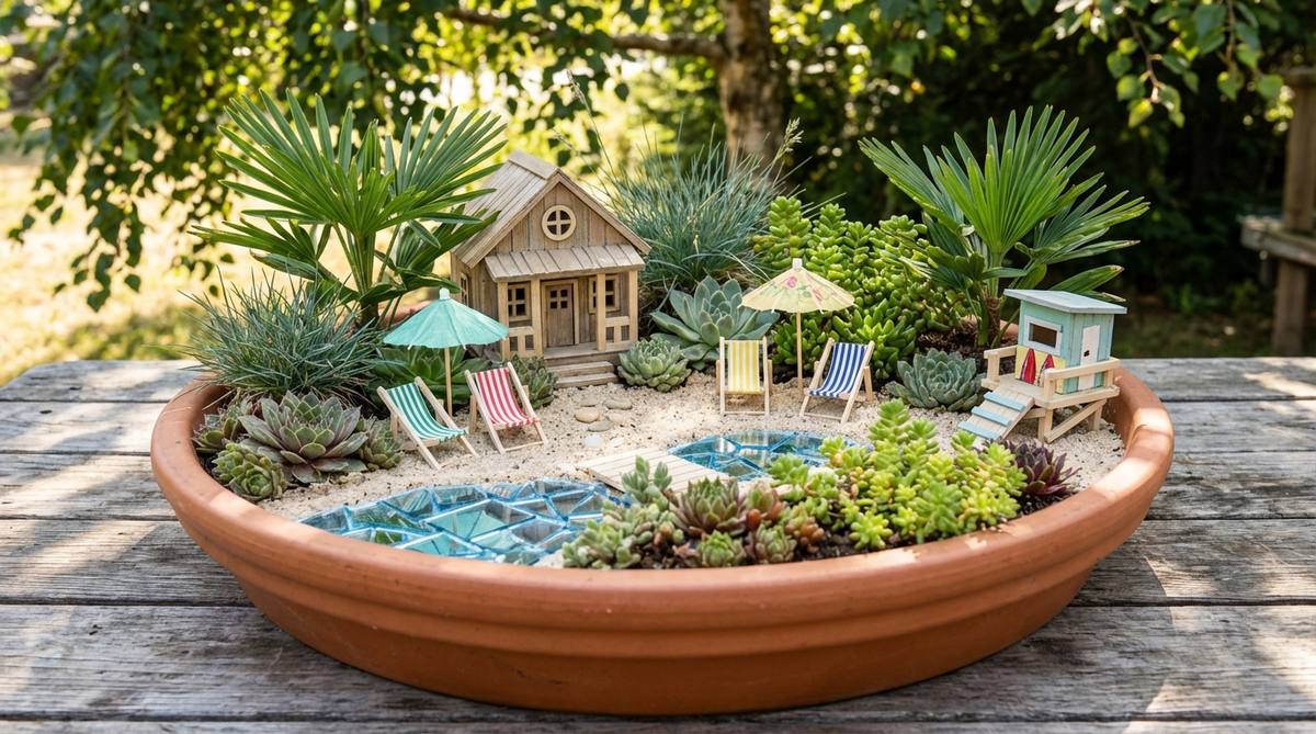 A miniature fairy garden scene featuring a summer beach cottage retreat with sand-filled sections creating beach zones, small mirror water features, miniature beach chairs, umbrellas, and a tiny lifeguard stand. Sun-loving succulents like hen-and-chicks and sedums are planted alongside tropical-looking miniature palms and ornamental grasses in a shallow, wide container that mimics coastal landscapes.