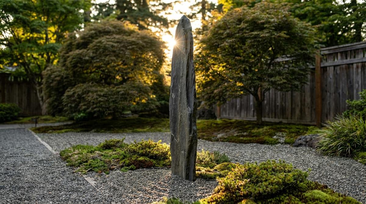 A thin, blade-like boulder positioned vertically in a Zen garden, with its narrow edge facing forward to create a sharp, cutting visual line. The stone is 3-4 feet tall and no more than 4-6 inches thick, producing a dramatic silhouette when backlit. This aggressive form introduces masculine energy and protective symbolism, serving as a boundary marker or guardian element.