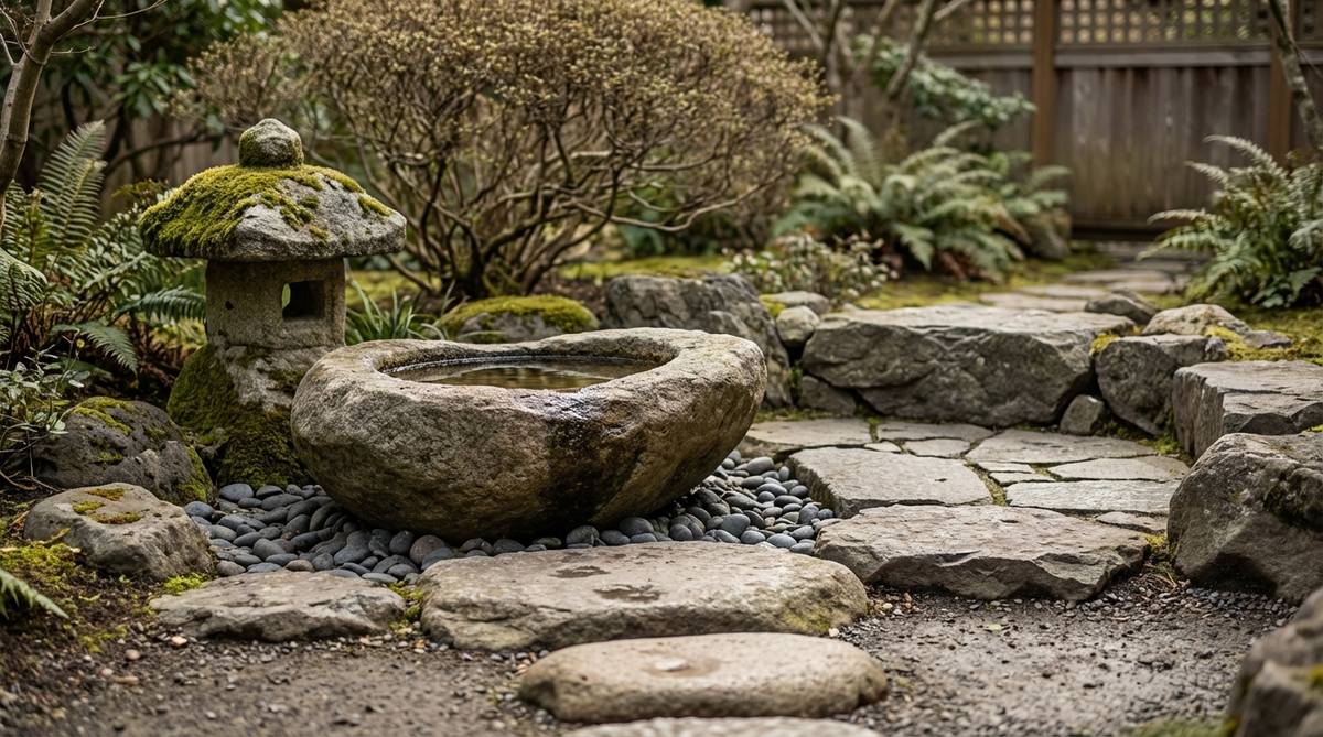 A naturally hollowed or carved stone basin (tsukubai) used for the ritual hand-washing ceremony in Japanese tea gardens, surrounded by smaller stones serving as step platforms and accent elements. The basin is placed low to the ground, requiring visitors to bend down as a gesture of humility, with smooth stones in front for kneeling and rough stones behind for drainage.